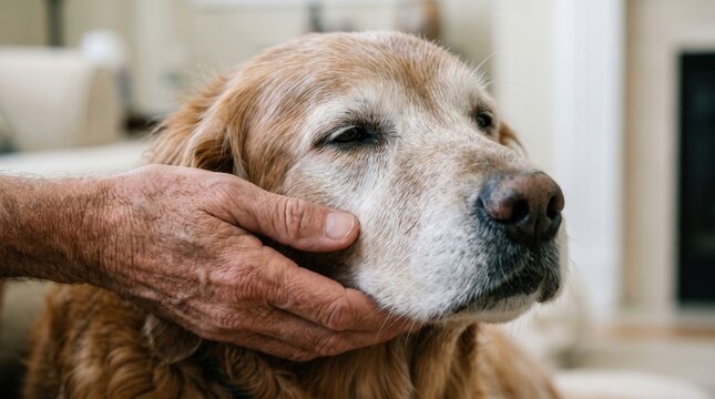 Elderly senior golden retriever dog being gently petted by owner with retriever