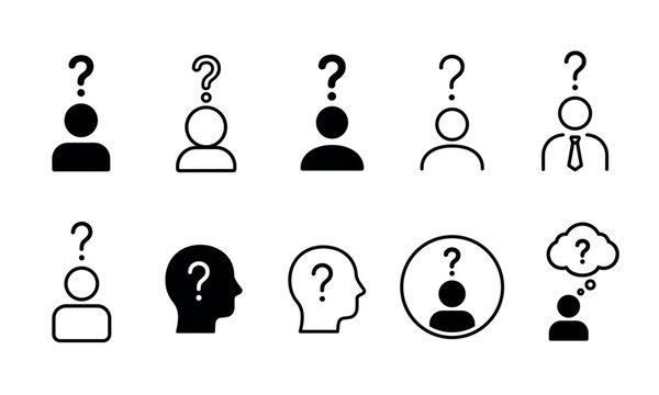 Human head and user icons with question marks representing confusion, decision making, identity search, and problem solving concepts