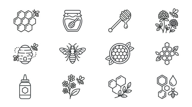 Honey and bee related line icons for branding.
