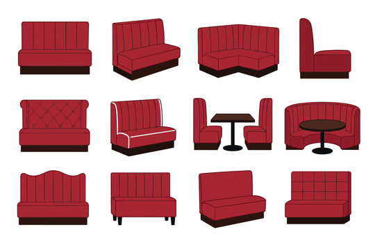 Red diner booth seating collection vector illustration featuring various styles of retro restaurant sofas, corner benches, and cafe tables