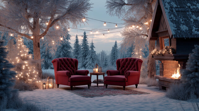 beautiful christmas background with a fireplace and armchairs, a snow-covered landscape, a garland of lights around the tree, a blue sky, a winter evening, soft focus, high-resolution photography, hig