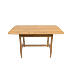 Fototapeta premium A rectangular wooden dining table with a natural brown wood grain finish, featuring four legs and a support frame, isolated on a white background