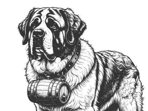 Saint Bernard rescue dog wearing a barrel collar, capturing loyalty, strength, and alpine rescue heritage sketch engraving generative ai vector illustration. Scratch board imitation. Black and white.