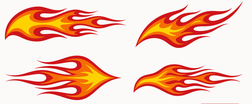 Vibrant flame stickers decorate a hot rod with fiery orange, yellow, and red colors.
