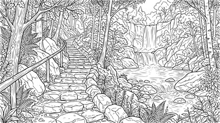 Obraz premium Detailed Forest Landscape Coloring Page with Waterfall and Stone Stairs