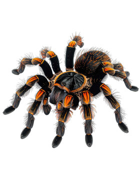 A striking close-up captures a tarantula against a stark black background.