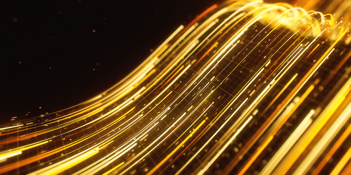 Golden abstract light wave with digital particles. 3D quantum data flow and magic energy trail.