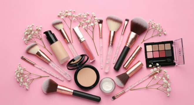 Collection of makeup brushes and cosmetics on pink background.