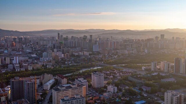 Panoramic time lapse sunrise view of the Ulaanbaatar city, Mongolia capital
