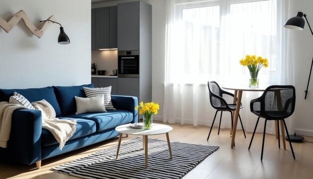 Modern studio apartment features bright living room with blue couch. Open plan kitchen dining area wooden table plus black chairs. Minimalist interior design displays white walls light wood floor