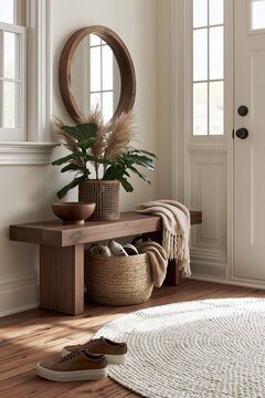 Walnut entryway bench with round mirror in Scandinavian minimalist interior