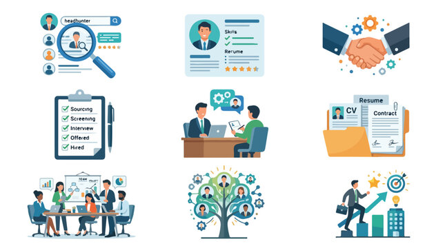 Set of vector illustrations about recruitment and human resources management.