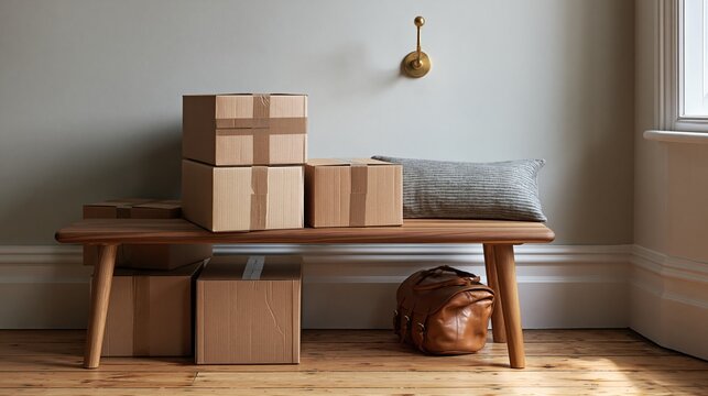 Moving boxes on walnut entryway bench in Scandinavian minimalist home