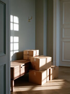 Moving boxes beside walnut entryway bench in Scandinavian minimalist interior