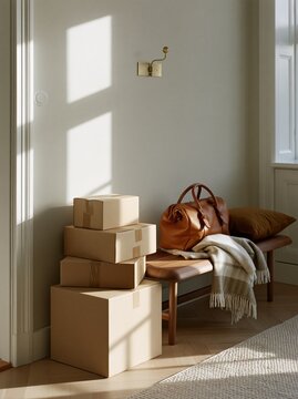 Moving boxes and leather duffel bag on walnut entryway bench in Scandinavian home