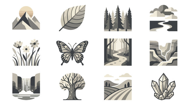 Detailed nature landscape and botanical monochrome icon collection.