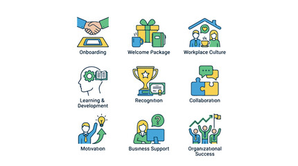Fototapeta premium Set of colorful business icons representing corporate culture and employee management.