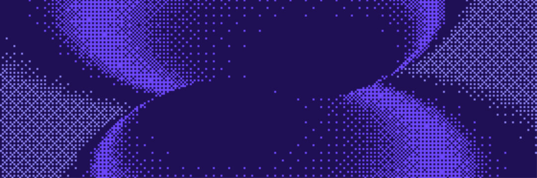 Violet purple pixelated bitmap gradient texture. Retro pixel art, glitch dither pattern, 8 bit background. Halftone bit gradient fade dot circle abstract geometric shape for arcade video game. Vector