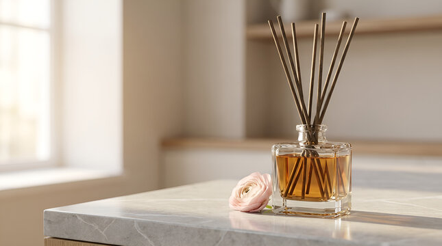 Aromatic reed diffuser with essential oils on stone surface diffuser aromatherapy fragrance atmosphere wellness relaxation interior essential peaceful minimalist meditation fragrant