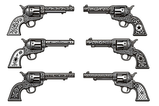 Vintage wild west revolver pistols vector set with ornate floral engravings and classic cowboy style details