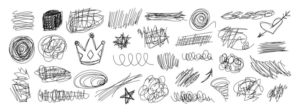 Messy pen doodles and scribbles create chaotic hand-drawn lines vector illustration set. Perfect notebook design, journal frames, creative graphic element authentic handwritten texture collection.