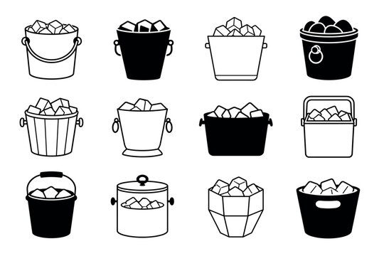 Ice bucket vector icons set featuring various bucket designs filled with ice cubes in black and white line art style