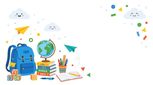 Back to school vector illustration featuring a blue backpack, a stack of textbooks, a globe, alphabet blocks, and school supplies with cute smiling clouds and paper planes on a white background space.