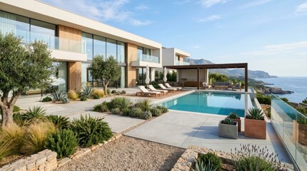 Fototapeta premium Contemporary home with swimming pool and desert landscaping.