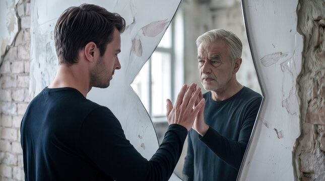 Pensive man looking into broken mirror seeing reflection of his older self. Concept of aging, time passing, and self-reflection in abandoned building.