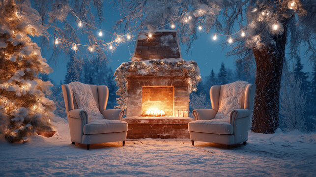 beautiful christmas background with a fireplace and armchairs, a snow-covered landscape, a garland of lights around the tree, a blue sky, a winter evening, soft focus, high-resolution photography, hig