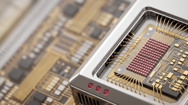 Quantum dot laser diode array silicon photonics chip 3D illustration with copy space