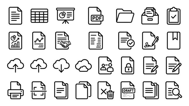 A comprehensive set of outline icons depicting various office documentation, file management, cloud storage, printing, and digital data handling processes.