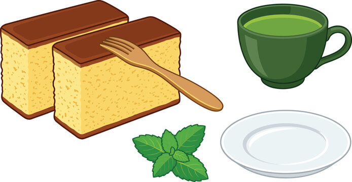 Traditional Japanese castella sponge cake vector illustration set with two sliced pieces wooden dessert fork green tea cup empty white plate and mint leaves isolated on white background