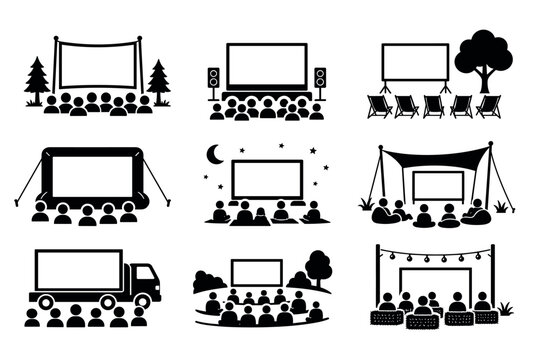 Outdoor cinema icon set showing various open air movie theater setups with screens, audiences, and seating arrangements in black silhouette style