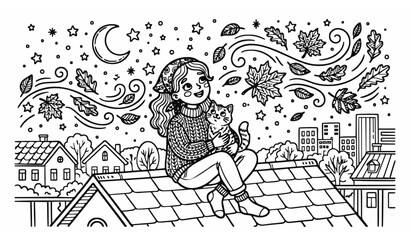 Cute Girl and Cat Sitting on Roof Under Starry Sky with Autumn Leaves Coloring Page Vector Illustration on White Background