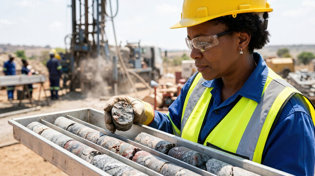 Female geologist examining rock drill core samples in a tray. Black woman mining professional in hard hat and safety gear at exploration site