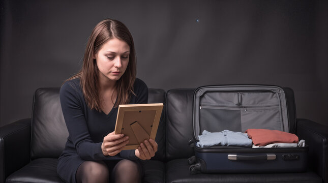 Widow holding framed photograph while packing suitcase on leather sofa. Grieving woman preparing for departure after loss.