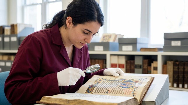 Female archivist examining a medieval illuminated manuscript with a magnifying glass. Woman researcher in white gloves studying an ancient codex in a library