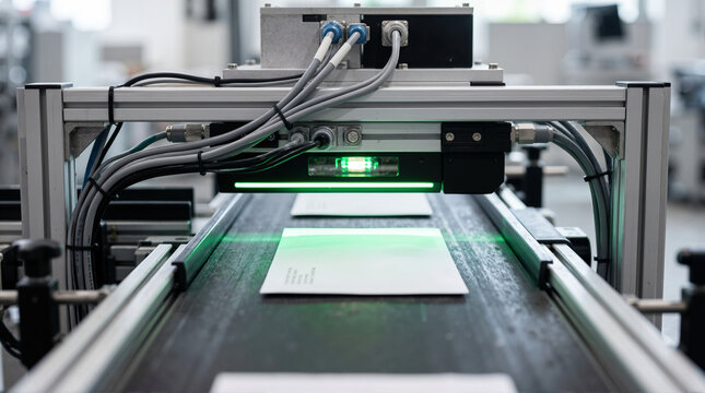 Automated mail sorting machine with an optical scanner reading an envelope. Green light scanning a letter on a conveyor belt in a postal facility
