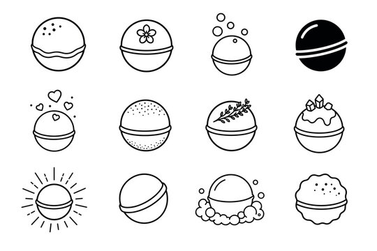 Bath bomb line icons set featuring various designs like flowers, hearts, bubbles, and crystals for spa and self-care branding