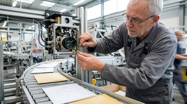 Senior male technician adjusting an optical scanner on a mail sorting machine. Older engineer maintaining automated postal equipment in an industrial facility