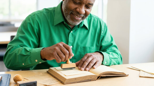 Smiling senior Black male librarian stamping a due date card in a vintage book. Older man working with a rubber stamp at a wooden desk