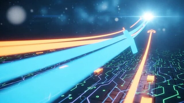 Digital light arrows flying over circuit board.