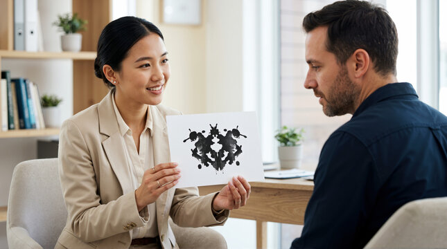 Smiling Asian female therapist showing Rorschach inkblot test card to male patient. Psychological evaluation in modern clinic. Mental health counseling session