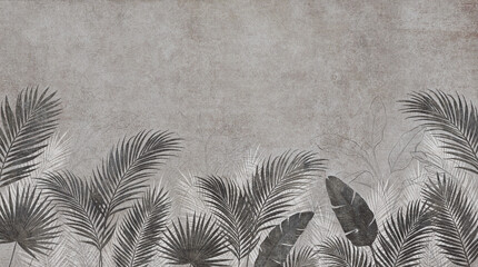Vintage tropical palm leaves on concrete wall texture, monochrome botanical mural background, gray stone surface with exotic foliage silhouettes