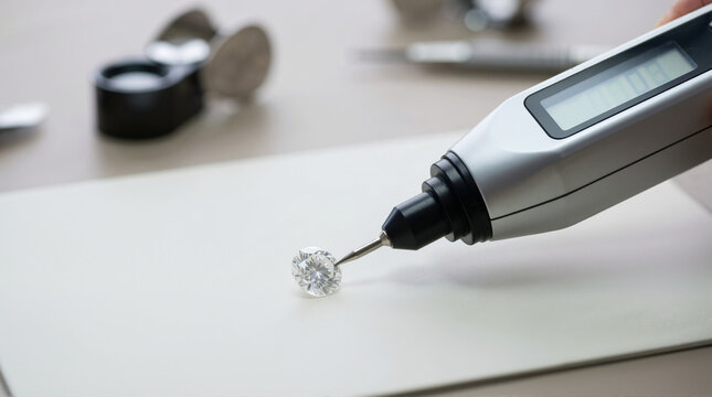 Close up of an electronic diamond tester pen verifying a loose brilliant cut gemstone. Handheld device testing a diamond on a white surface
