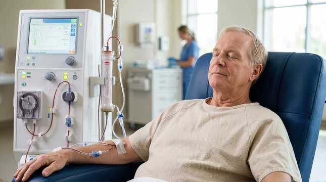 Senior Caucasian man undergoing kidney dialysis treatment in a hospital. Elderly patient connected to a dialysis machine resting in a recliner chair