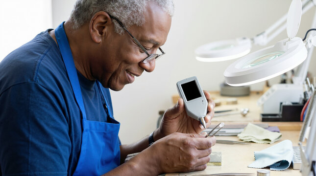 Senior African American jeweler using an electronic diamond tester on a gemstone. Older male craftsman verifying a diamond with tweezers at his workbench
