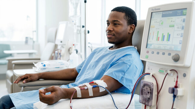 Young African American man undergoing dialysis treatment in a hospital. Male patient in a blue gown connected to a medical dialysis machine