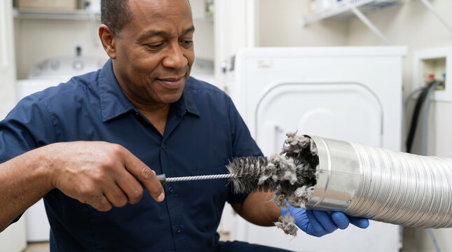 Professional technician cleaning a clogged dryer vent pipe with a brush. Black male worker removing lint buildup from a flexible metal duct
